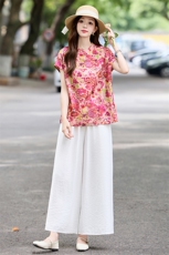 新中式风套装女2025夏新款印花盘扣旗袍上衣阔腿裤两件套，女装套装/套裙，木橙西子