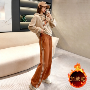 韩版时尚休闲套装美式复古撞色印花连帽长袖外套阔腿束脚裤两件套图片