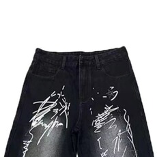 高街cleanfit油漆涂鸦微喇裤设计感潮牌水洗直筒牛仔裤N2921-P48，男装牛仔裤，星座1001-1