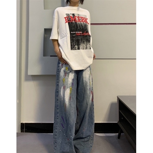 【有货】美式复古涂鸦扎染牛仔裤男女同款宽松裤子NZ803LL-特P55图片