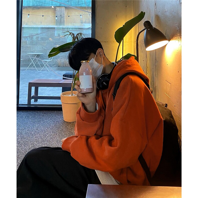 网图秋冬新款潮加绒连帽卫衣纯色百搭华棉潮WY001-P42橘色,男装卫衣,电商C310-1