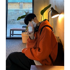 网图秋冬新款潮加绒连帽卫衣纯色百搭华棉潮WY001-P42橘色，男装卫衣，电商C310-1