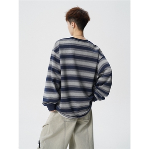 5XL-M 日系复古做旧长袖海魂衫男条纹工装卫衣男 WY51-P70图片