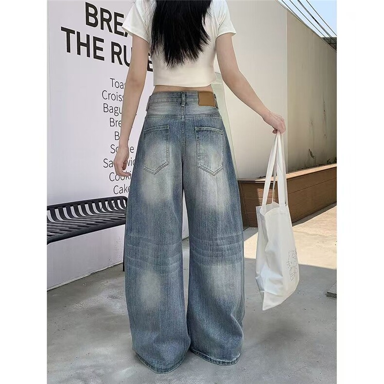 美式高街竹节纹水洗做旧弯刀牛仔裤女夏季辣妹宽松显瘦阔腿拖地裤,男装牛仔裤,星座1210-1