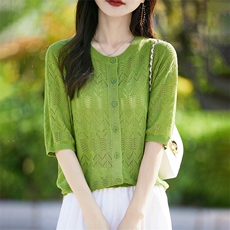 夏季新款简约时尚百搭女士菱形镂空提花圆领短袖开衫，女装T恤，暖烁羊绒