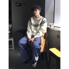 重磅秋冬装北极绒套头毛衣美式复古休闲慵懒风提花工艺针织衫外套，男装针织衫/毛衣，电商A486