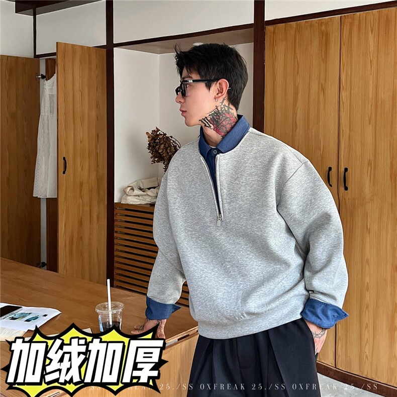 衬衫领假两件加绒卫衣男半拉链外套翻领长袖WY058-P48加绒P52,男装衬衫,星座308B-2