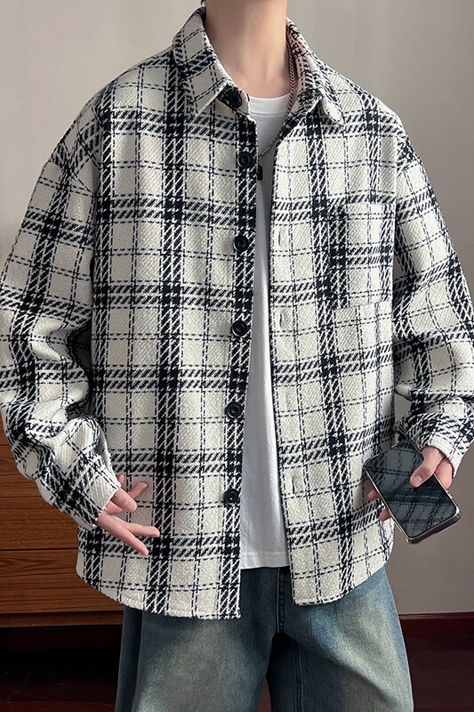 新款小香风格子衬衫外套男宽松潮流港风休闲夹克上衣潮CS202-P65,男装夹克,星座505-3