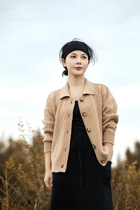 新款菱格坑条翻领单排扣羊毛衫女秋冬新款宽松显瘦针织图片