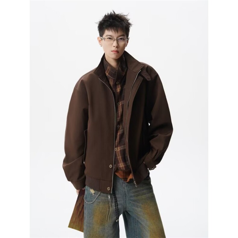 W11048-P78网图现货春季新款假两件格纹立领潮牌设计感外套,女装短外套,星座1608