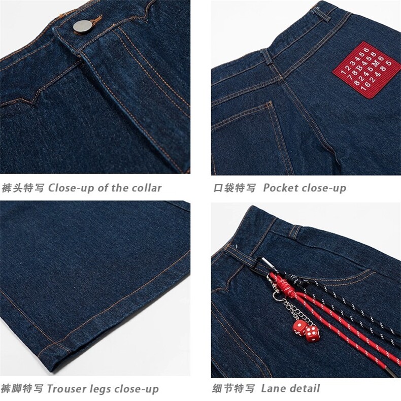 WE1584-P552025美式复古水洗做旧格子拼接挂绳设计直筒牛仔裤,男装牛仔裤,电商B323A