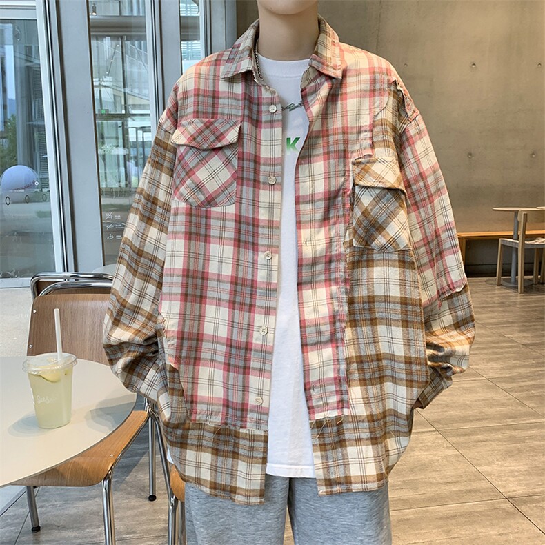 美式潮牌撞色格子拼接设计感衬衫男春秋宽松百搭长袖衬衣MC13-p52图片