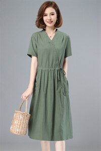 纯棉连衣裙女2023夏装新款中长款收腰显瘦V领妈妈洋气气质a字裙子图片