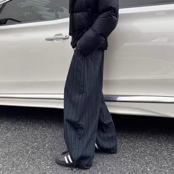 复古黑蓝竖条纹阔腿裤男美式潮牌慵懒风宽松休闲设计感拖地裤长裤,男装休闲裤,四季星座505