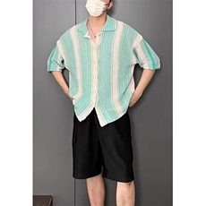 蓝白撞色针织衬衫短袖男生夏季薄款镂空开衫复古翻领衬衣M04，男装针织衫/毛衣，星座1116A（原606A-3）