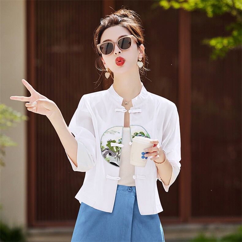 新中式国风盘扣短款防晒服女外套夏季时尚薄款唐装刺绣汉服防晒衣,女装防晒衣,韩美纤衣