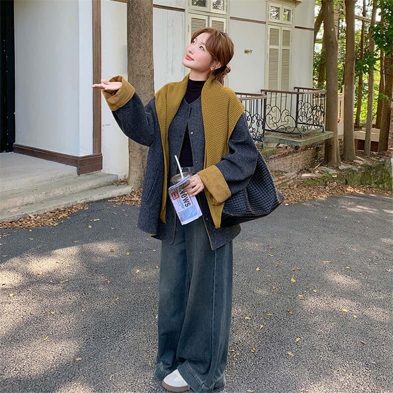 欧货拼色披肩毛呢短款外套女秋2025新款宽松显瘦小个子拉链夹克潮，女装毛呢外套，浙宝301