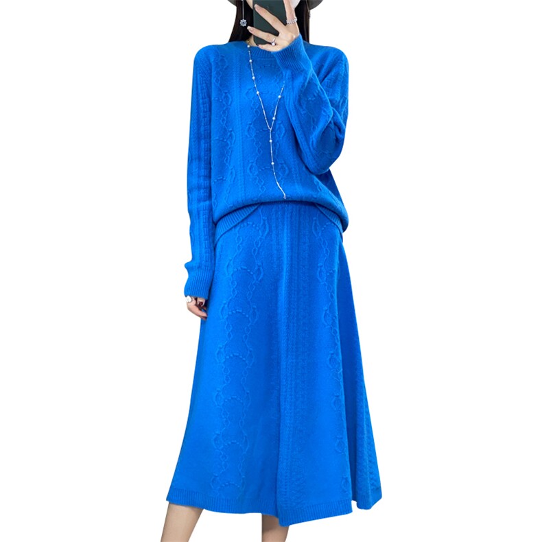 2023秋冬新款羊绒衫长裙两件套女时尚提花加厚显瘦内搭外穿羊毛衫,女装套装/套裙,鹿一羊绒