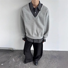 E03-P522025日系假两件衬衫卫衣情侣学生复古休闲拼接条纹polo衫，男装Polo衫，电商B323A