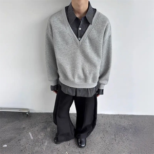 E03-P52 2025日系假两件衬衫卫衣情侣学生复古休闲拼接条纹polo衫图片