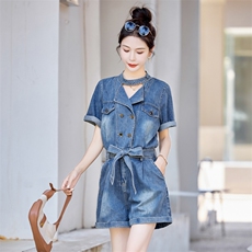 牛仔连体裤女2025夏新款小个子设计感时髦系带休闲宽松连体短裤，女装连体裤，慧尚依恋