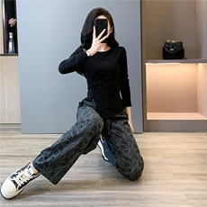 女秋穿搭时尚气质套装圆领不规则开叉设计长袖上衣阔腿长裤两件套，女装套装/套裙，江南