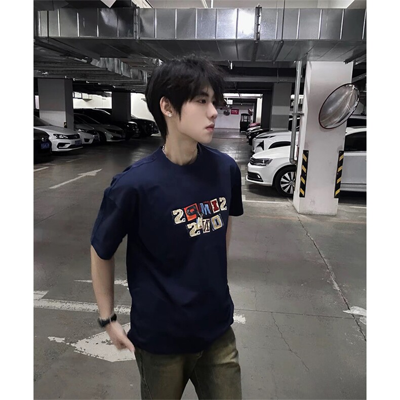 抖音得物供货210克现货宽松纯棉美式潮牌印花落肩袖纯棉T恤AT2176,男装T恤,电商A443