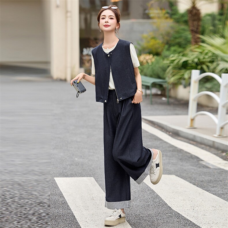 时尚条纹拼接休闲套装女2025夏新款洋气休闲马甲阔腿裤搭配一整套,女装套装/套裙,美沁