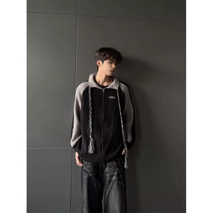 美式复古撞色条纹开衫毛衣外套男女宽松慵懒风情侣针织衫图片