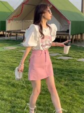 夏季印花木耳边T恤，女装T恤，简蔻