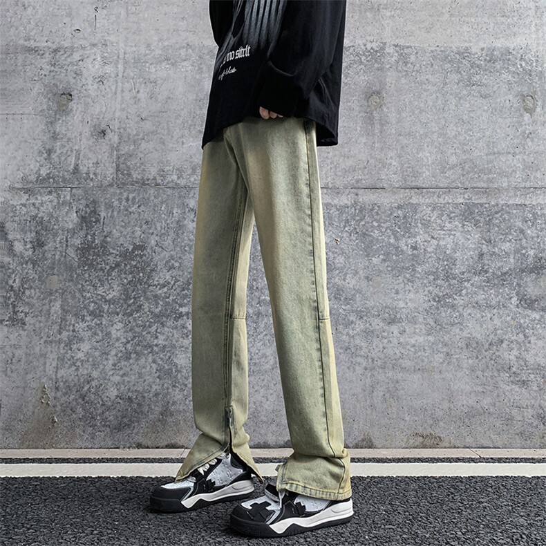 货足秋冬高街vibe修身长裤黄泥染拉链牛仔裤男K823-P55,男装牛仔裤,星座205