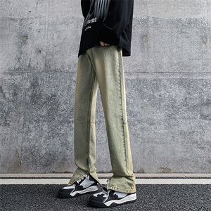 货足 秋冬高街vibe修身长裤黄泥染拉链牛仔裤男 K823-P55图片