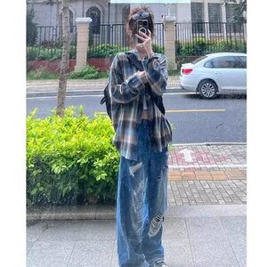 C257-P30 美式复古格子衬衫男2025春季长袖休闲宽松港风潮流装图片