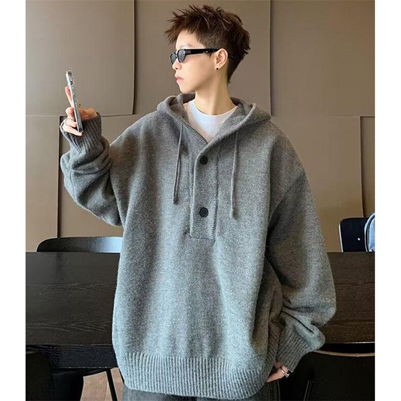 重磅秋冬装北极绒开衫毛衣美式复古休闲慵懒风针织衫加厚连帽外套，男装针织衫/毛衣，电商A486