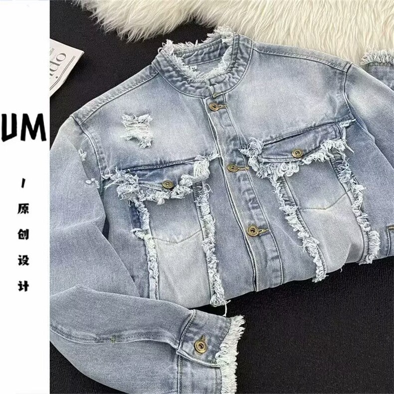 水洗做旧流苏毛边牛仔夹克男女复古潮牌情侣外套上衣GG8896P84,男装工装外套,星座1013-5