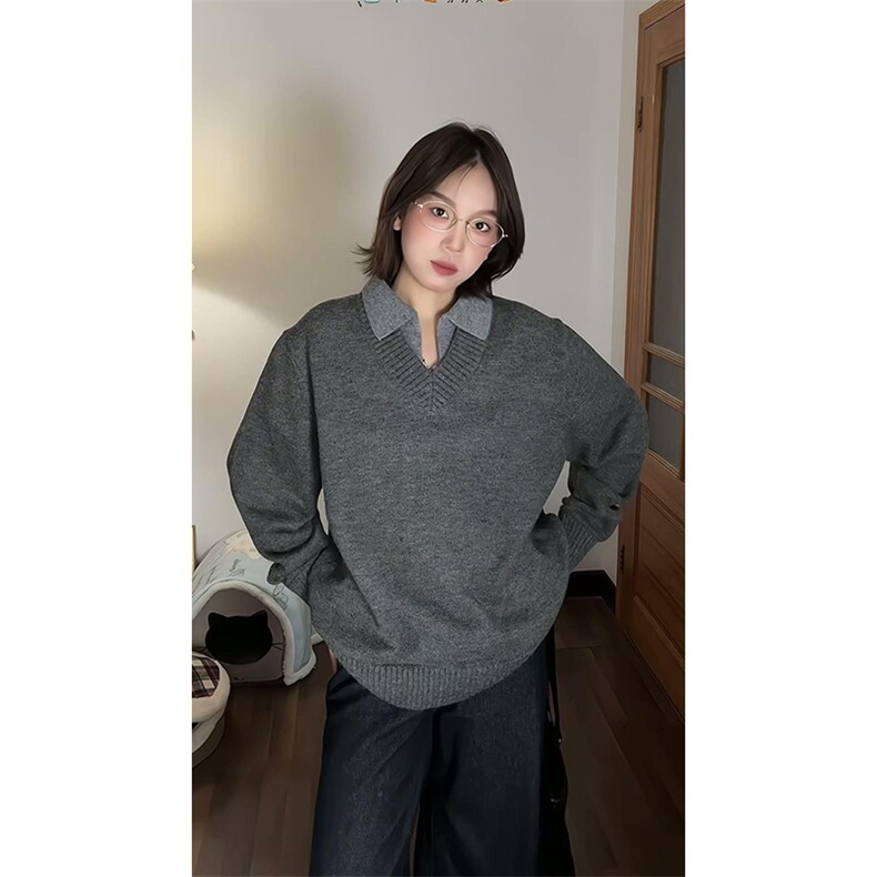 重磅北极绒假两件衬衫领毛衣美式高街复古休闲慵懒纯色翻领针织衫,男装针织衫/毛衣,电商A486