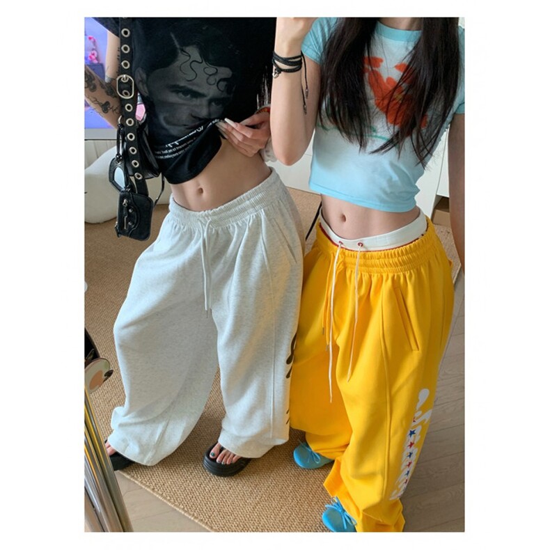 JMJ 美式复古侧边字母贴布抽绳休闲裤男女宽松休闲日常百搭长裤图片