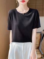 简约圆领百搭显瘦短袖内搭上衣女，女装针织衫/毛衣，绒宛羊绒