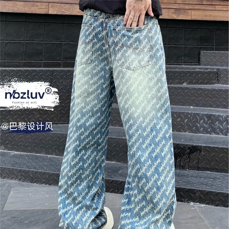 春秋季美式休闲痞帅提花满印牛仔裤男直筒百搭阔腿长裤AM7061P54,男装牛仔裤,星座1013-5