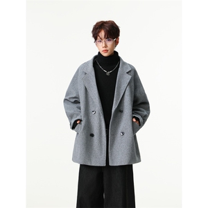假两件毛呢大衣帽子可拆双排扣呢子西装风衣外套504-F67-P90控138图片