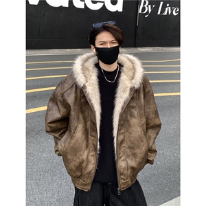 美式复古麂皮绒座山雕棉服男冬季高级感大毛绒连帽棉衣加厚潮p118图片