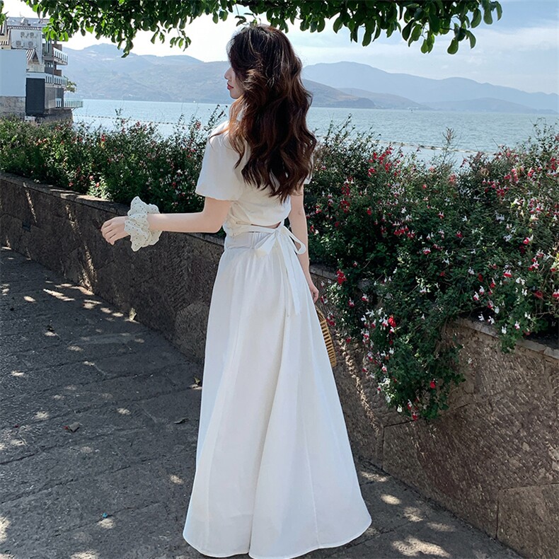 白色时尚甜美压褶设计上衣套装裙女2025夏季新款优雅半身裙两件套,女装套装/套裙,浙宝220