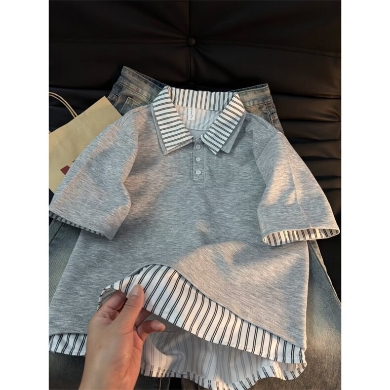 美式学院风polo衫男夏季高级感假两件短袖潮牌半袖t恤LD9022-P40,男装T恤,星座1008