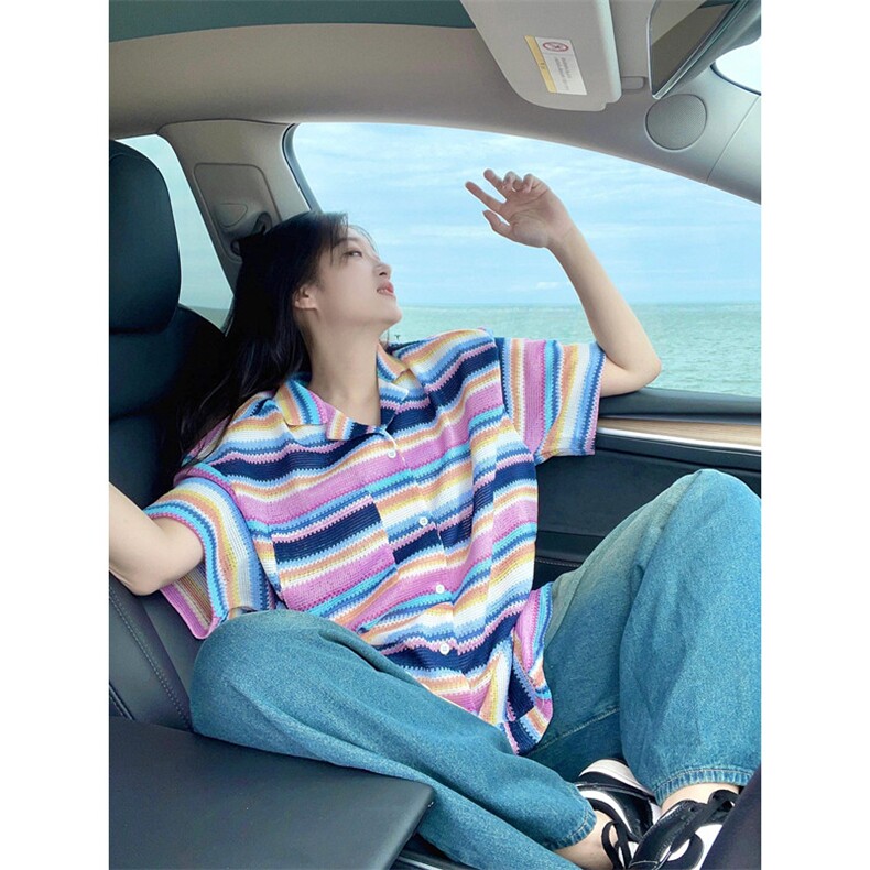 夏季热带条纹慵懒衬衫半袖针织短袖上衣女C110,男装衬衫,星座1116A（原606A-3）