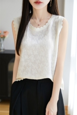 夏季精纺羊毛衫针织背心女花边圆领镂空无袖上衣宽松内搭吊带打底，女装背心吊带，吉高羊绒