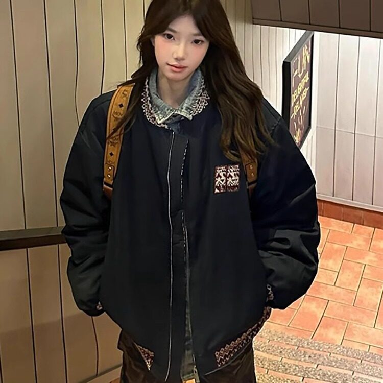 美式棉服女2024新款复古提花拼接加厚夹棉宽松情侣棒球服夹克外套,男装夹克,星座506A