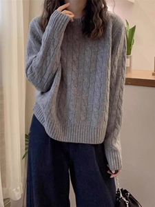 欧货麻花加厚圆领羊绒针织衫女秋冬宽松显瘦正肩毛衣打底羊毛衫图片
