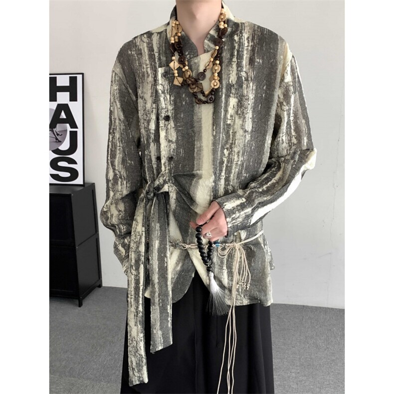 秋装2024扎染新中式衬衫设计感唐装汉服飘带长袖衬衣男女衬衣外套,男装衬衫,星座909