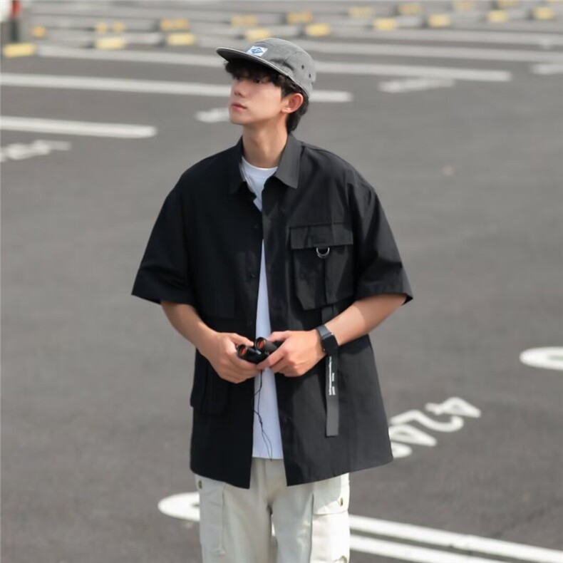 高级感机能工装短袖衬衫男女山系街头宽松休闲翻领半袖黑色衬衣,男装衬衫,星座1013