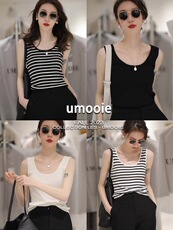 洋气外穿条纹U领天丝吊带背心女夏季修身短款防走光打底针织衫，女装背心吊带，雪真羊绒